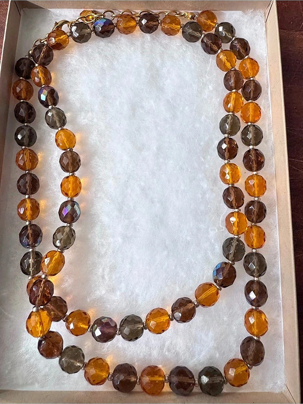 Vintage Joan Rivers Long Beaded Necklace in Amber and Brown Tones